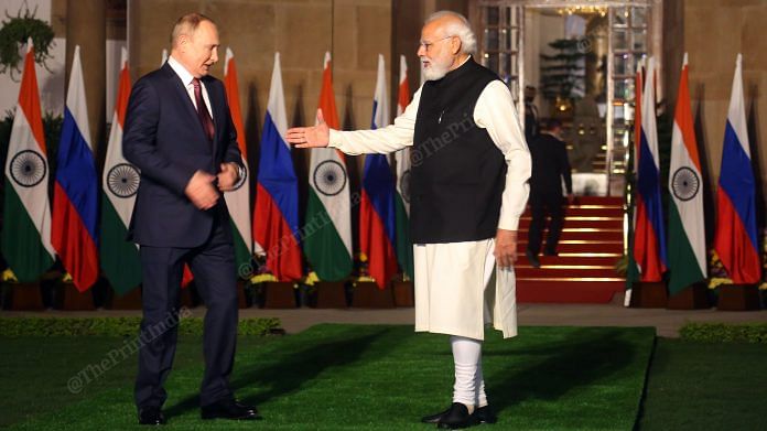 Prime Minister Narendra Modi receives Russian President Vladimir Putin at Hyderabad House| Photo: Praveen Jain | ThePrint