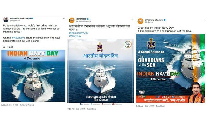 Screenshots of the tweets by BJP and Congress handles featuring a US Navy ship while sharing greetings on Indian Navy Day. | Photo: Twitter