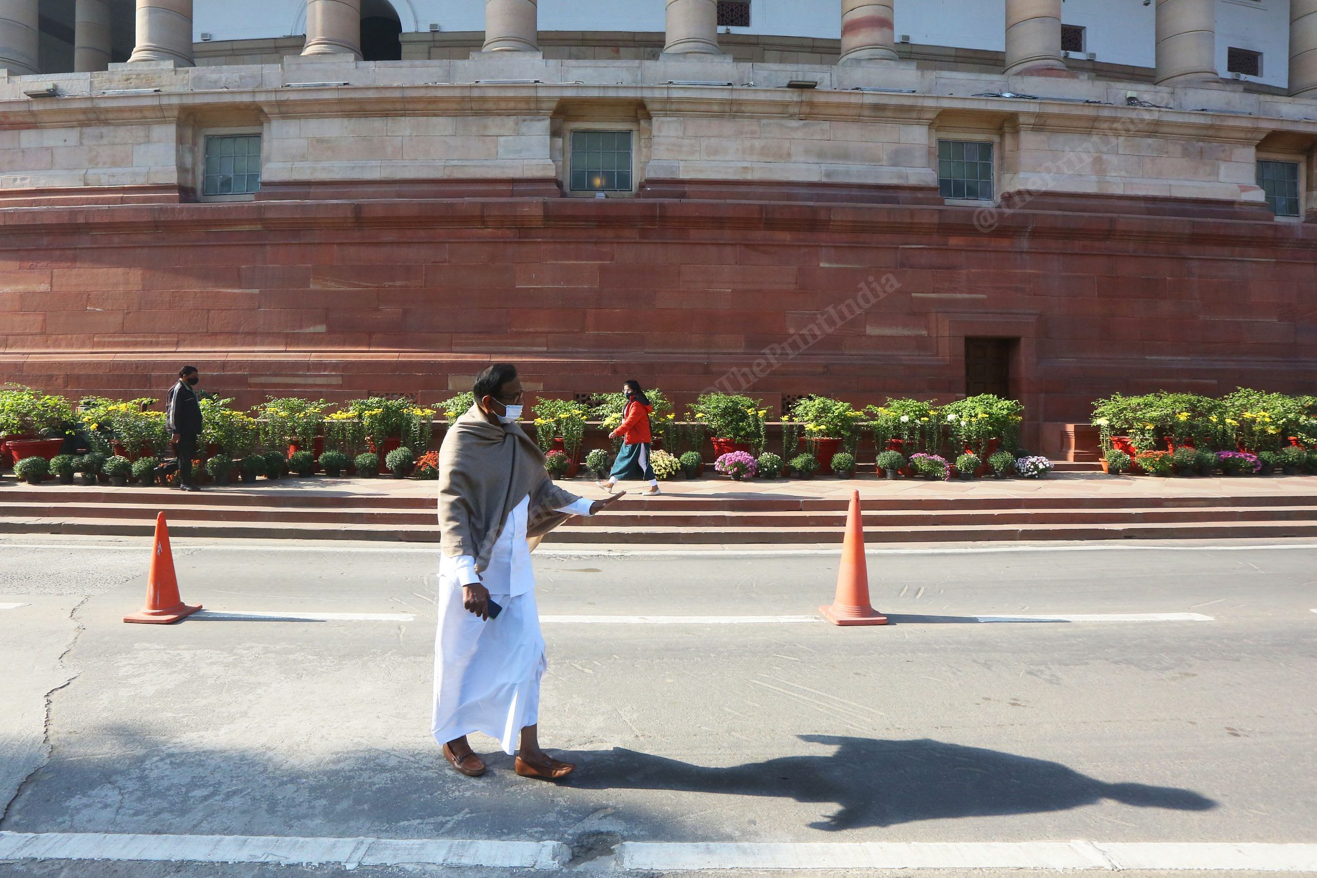 Congress leader P. Chidambaram arrives to support the suspended Rajya Sabha MPs | Photo: Praveen Jain | ThePrint