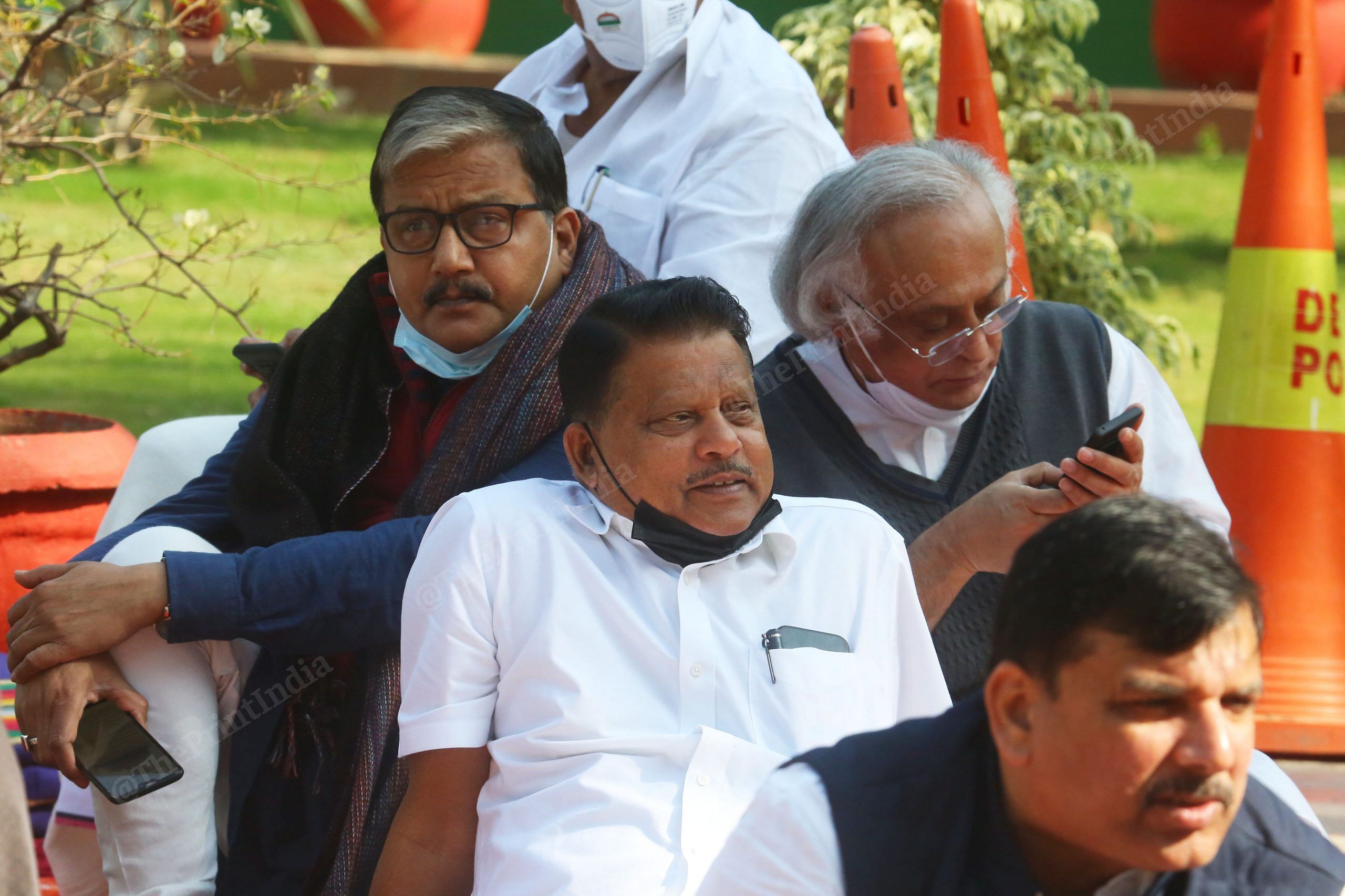 Opposition leaders Manoj Jha, Jairam Ramesh, P. V. Abdul Wahab and Sanjay Singh at the protest venue | Photo: Praveen Jain | ThePrint