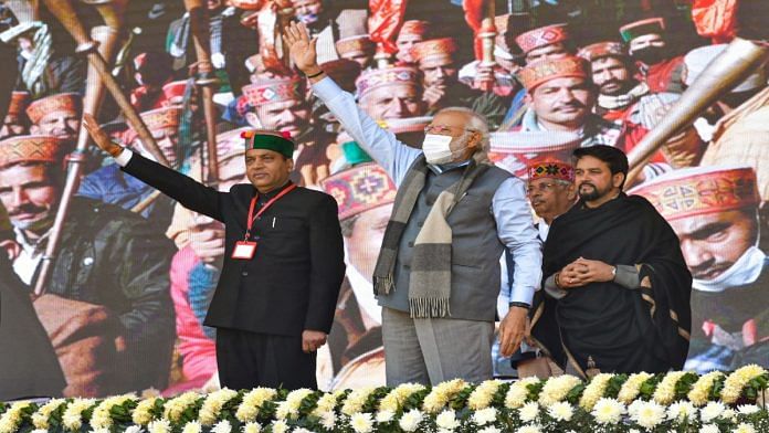 Prime Minister Narendra Modi with Himachal Pradesh Chief Minister Jai Ram Thakur at the inauguration and foundation stone laying ceremony of multiple projects approx. Rs.11,000 crore, in Mandi on Monday | File photo: ANI