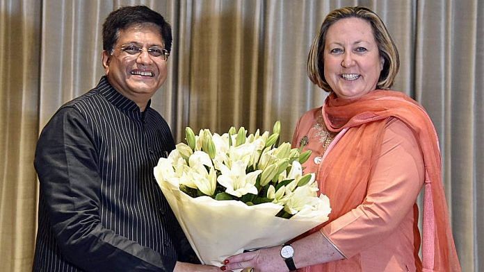 India's Commerce Minister Piyush Goyal with UK Trade Secretary Anne-Marie Trevelyan on her visit to New Delhi in January 2022 | Photo: ANI