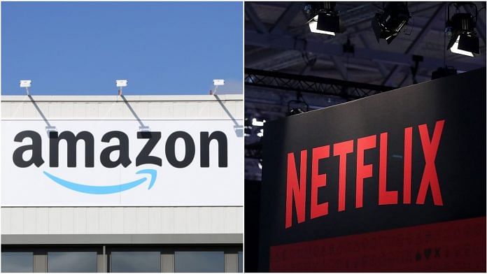 An Amazon.com center (left) and Netflix logo