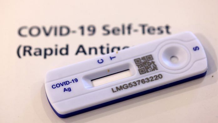 A Covid-19 lateral flow self-test strip | Representational image | Photo: Chris Ratcliffe | Bloomberg