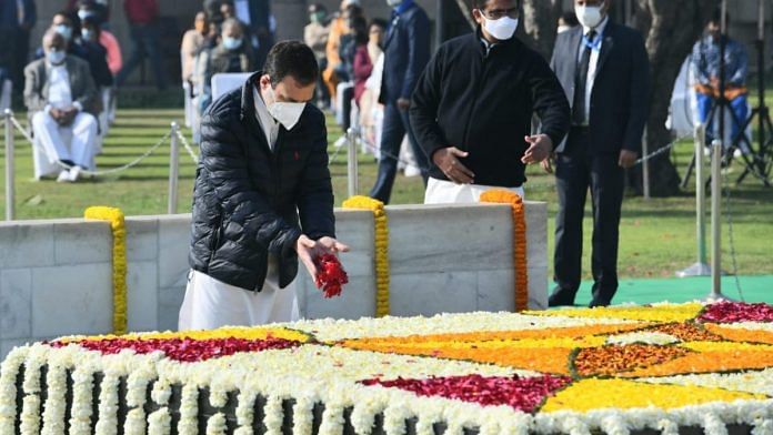 Congress leader Rahul Gandhi pays floral tributes to Mahatma Gandhi on his 74th death anniversary at Rajghat in New Delhi, on 30 January 2022 | Twitter/@RahulGandhi