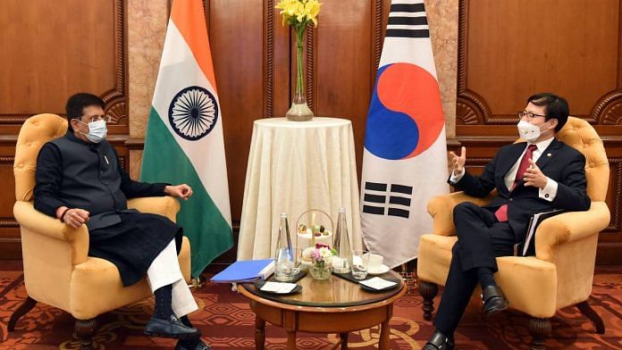 Union Commerce Minister Piyush Goyal with South Korean Trade Minister Yeo Han-koo in New Delhi Tuesday | ANI