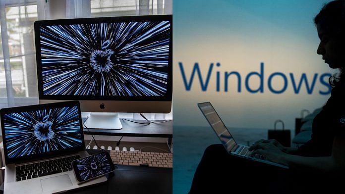 Apple products (left) and an woman using a Windows laptop