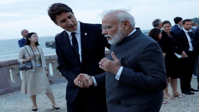 A file photo of Canadian Prime Minister Justin Trudeau and Indian Prime Minister Narendra Modi at the G7 summit in Biarritz, France, in 2019 | ANI