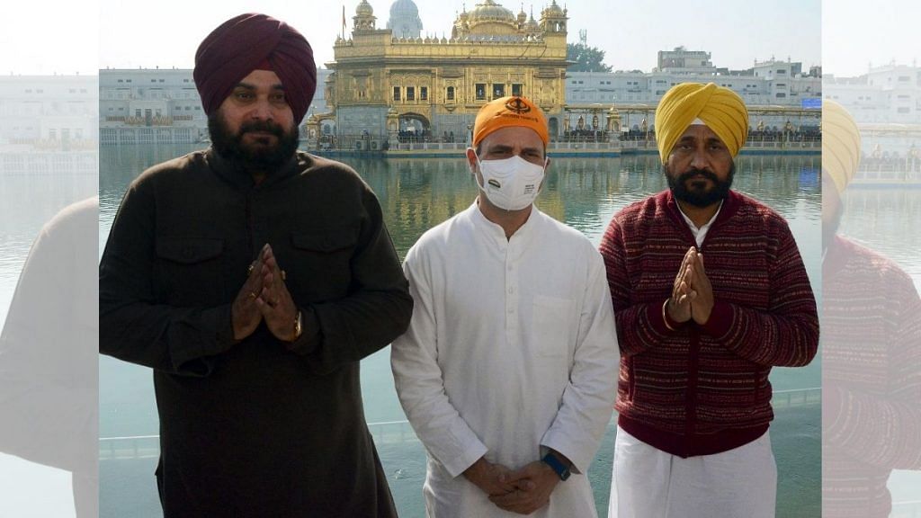 Congress leader Rahul Gandhi with Punjab CM Charanjit Singh Channi and state party chief Navjot Singh Sidhu paid obeisance at the Golden Temple during his visit to Amritsar on 27 January | Photo: ANI