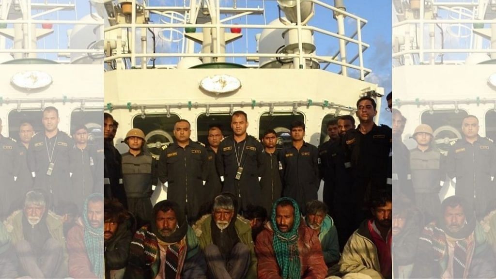Indian Coast Guard ship ICGS Ankit has apprehended a Pakistani Boat 'Yaseen' with 10 crew in Indian waters in the Arabian sea during night ops on 9 January 2021 | ANI