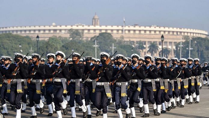 Indian Navy personnel in ceremonial uniform participate in Republic Day parade rehearsal at Rajpath, in New Delhi on 11 January 2022 | Photo: ANI