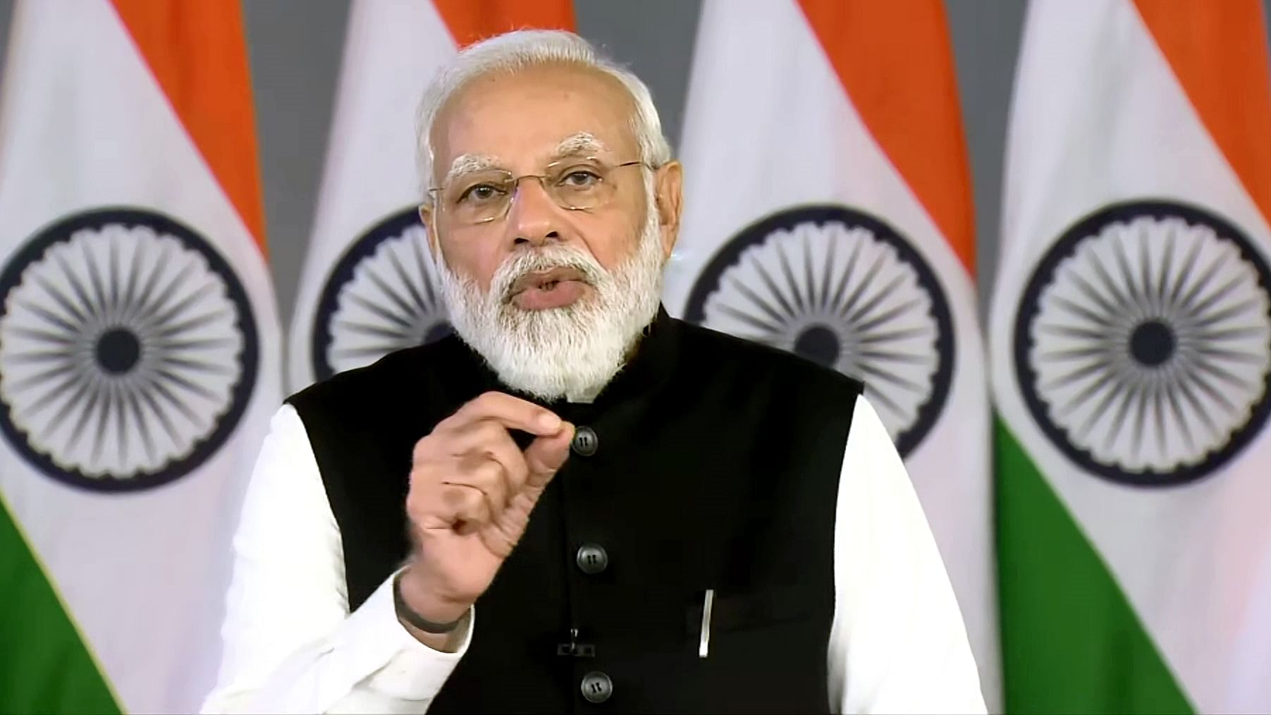 ANI_20220117261 Prime Minister Narendra Modi addressing the World Economic Forum's Davos Agenda via video conferencing, in New Delhi on 17 January 2022 | ANI Photo