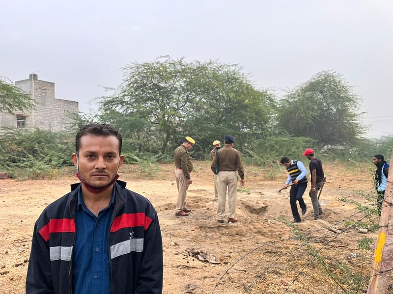 Ashok Meghwal at the crime scene with police team investigating the content of the viral video | Jyoti Yadav/ThePrint