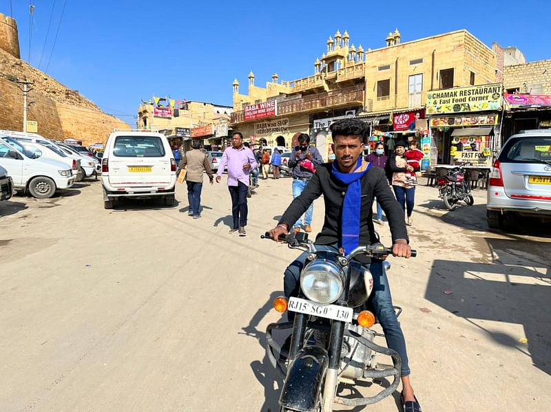 Harish Meghwal, Bhim Army district president in Jaisalmer, poses with his Bullet | Jyoti Yadav/ThePrint