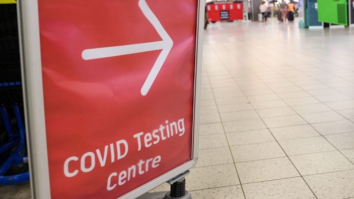 A sign for the Covid-19 testing centre at an airport | Representational image | Photo: Chris Ratcliffe | Bloomberg