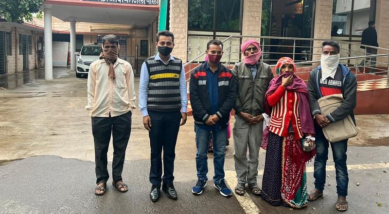 Ashok Meghwal along with his mother and eye witnesses at the police station, Pali, Rajasthan | Jyoti Yadav/ThePrint