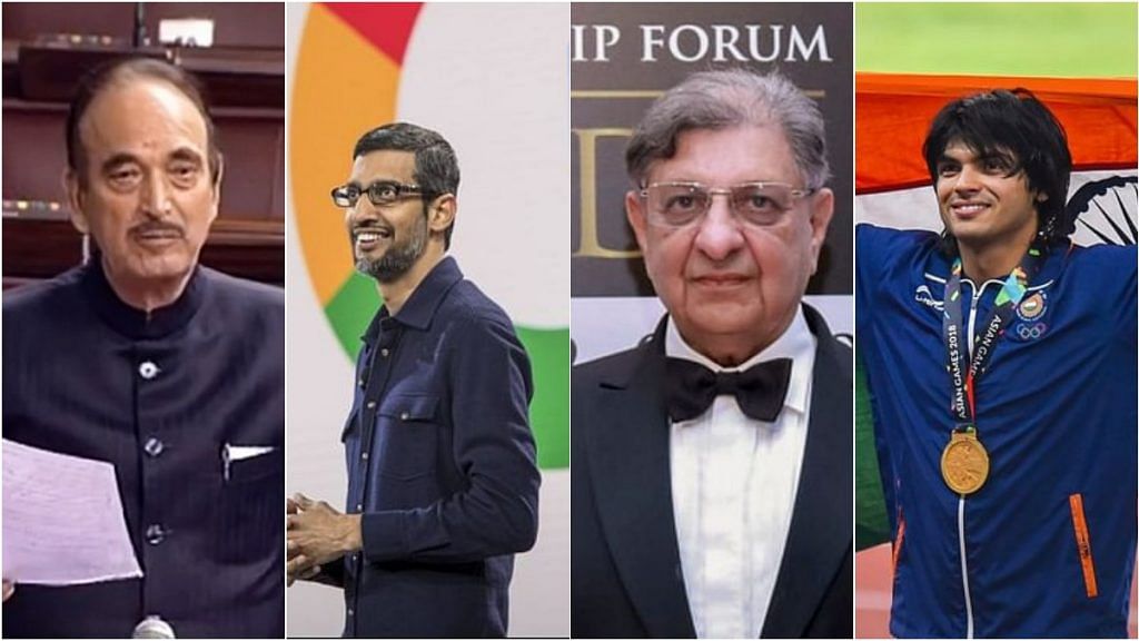 File photos of Congress leader Ghulam Nabi Azad, Google CEO Sundar Pichai, SII chairman Cyrus Poonawalla and Olympian Neeraj Chopra | Photo credit: PTI/Bloomberg/Flickr