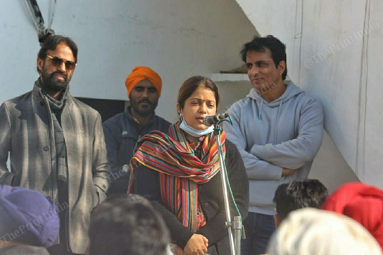 Malvika Sood addresses a political meeting in Khukhrana as her brother, Sonu Sood, looks on | Praveen Jain | ThePrint