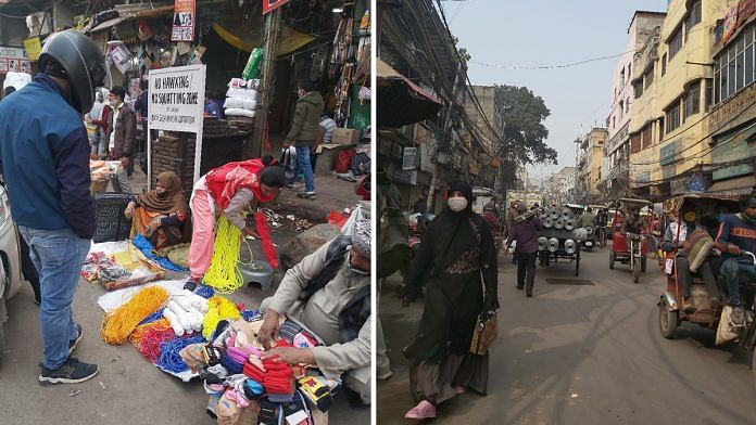 An illegal hawker in the Sadar Bazar market, and a view of the main market street | Photos: Anupriya Chatterjee | ThePrint