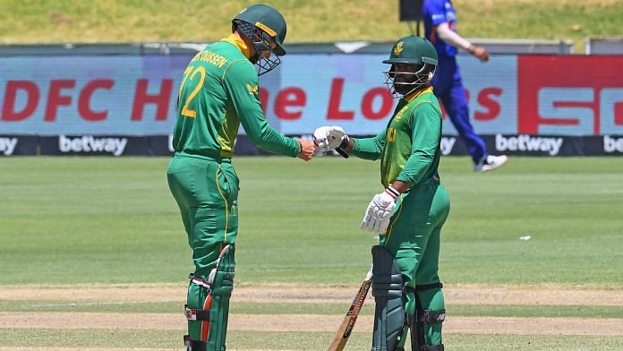 South Africa's Temba Bavuma and Rassie van der Dussen during the first ODI match between India and South Africa at Boland Park in Paarl Wednesday. | Photo: ANI