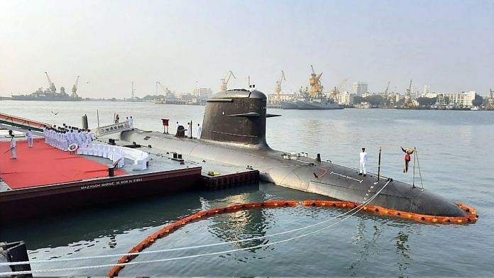 File photo of Scorpene-class submarine 'INS Vela', at the Naval Dockyard in Mumbai | ANI