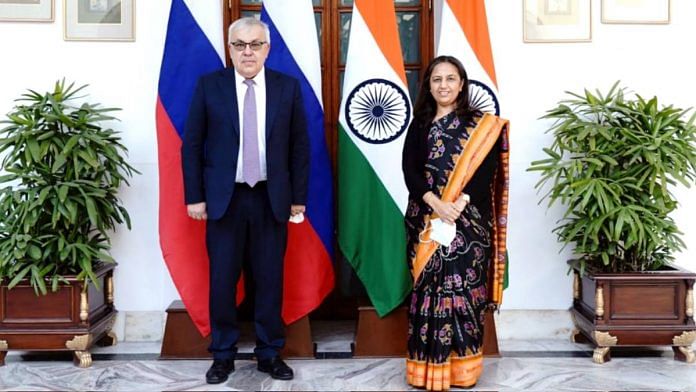 Russian deputy foreign minister Sergey Vershinin with MEA secretary (West) Reenat Sandhu in New Delhi on 31 January | ANI