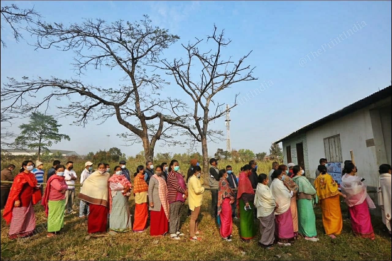 Voters queue up at a polling booth at khurai Thangjam leikai Imphal, Manipur | Praveen Jain | ThePrint