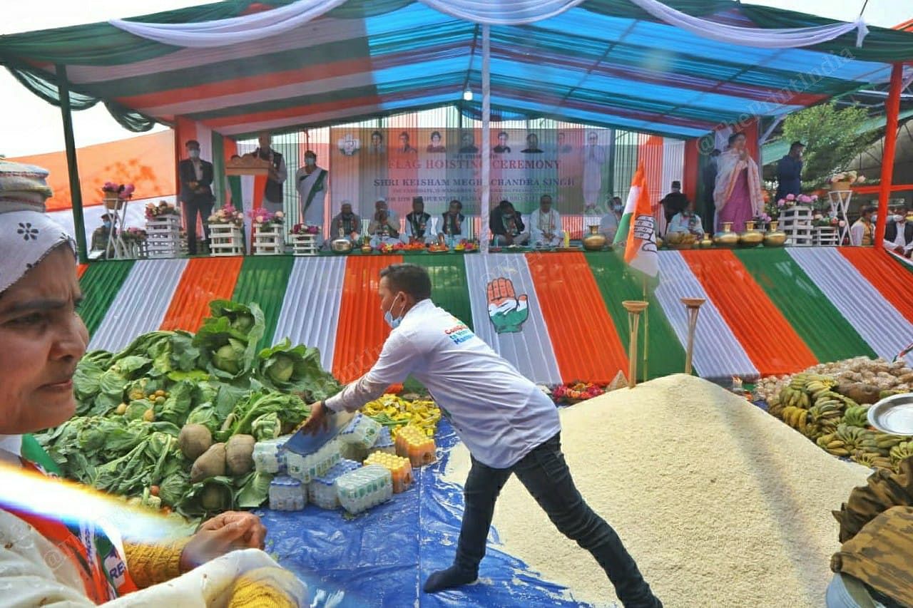 Food brought by Congress supporters as a mark of support during a rally in Wangkhem constituency | Photo: Praveen Jain | ThePrint