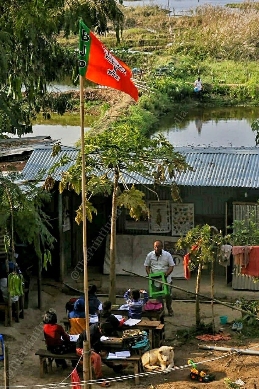 A BJP flag at a school in the state | Photo: Praveen Jain | ThePrint