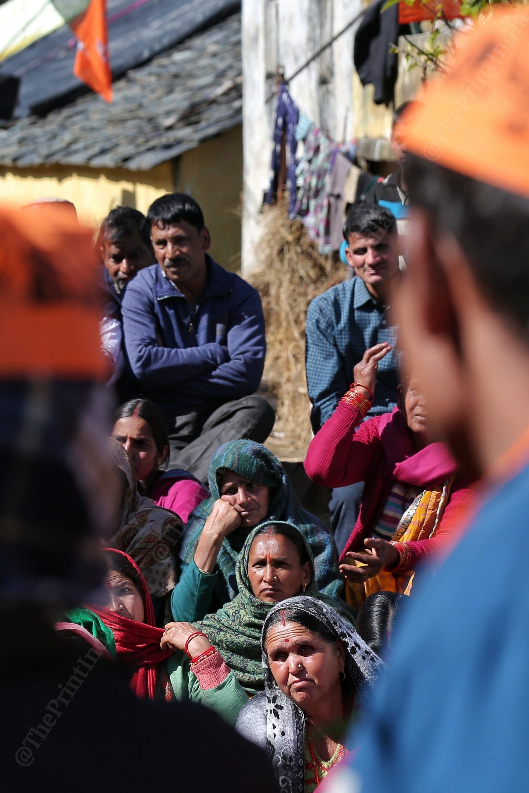 Residents of Nandgaon village listening to the BJP leader Kishore Upadhyay statement in Tehri District | Photo: Suraj Singh Bisht | ThePrint