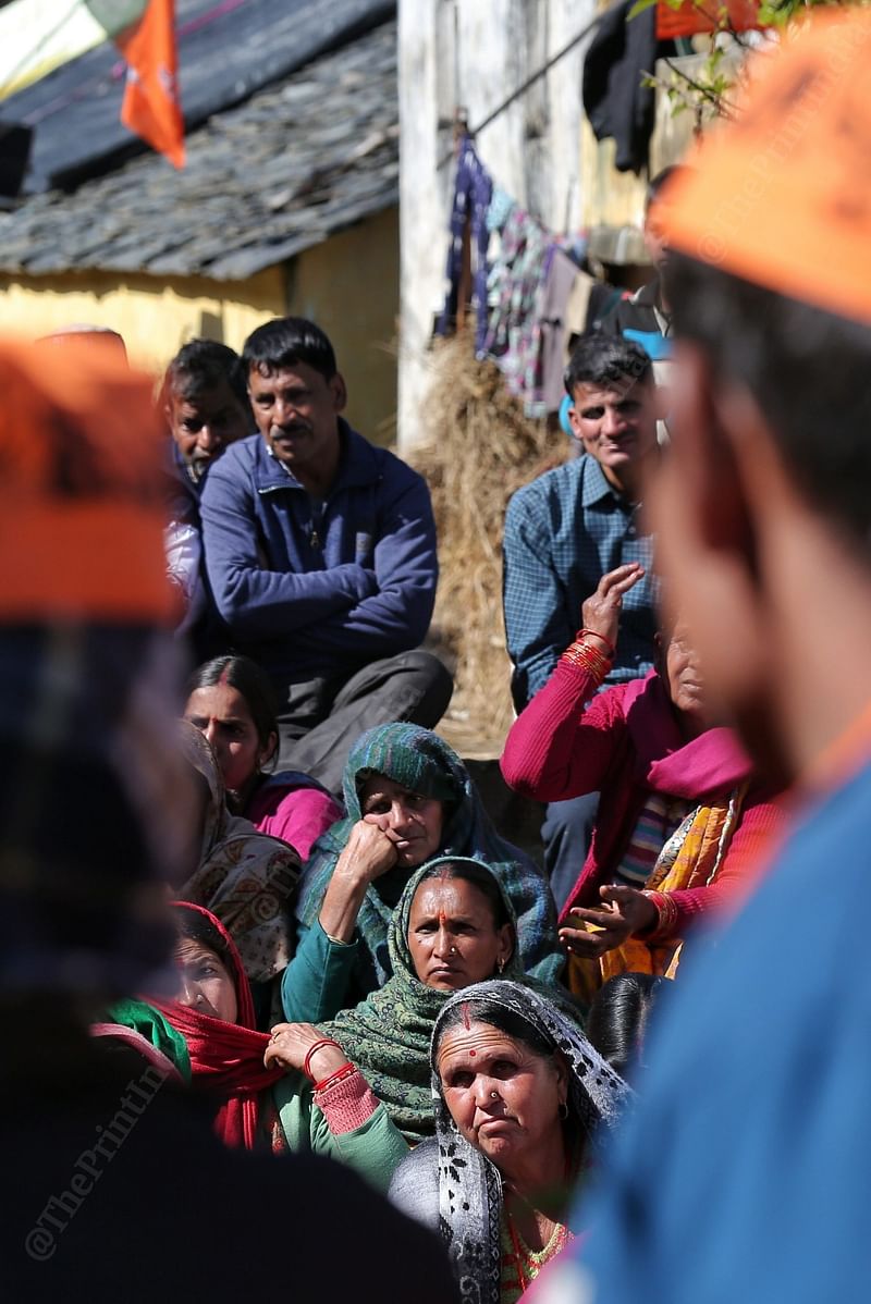 Residents of Nandgaon village listening to the BJP leader Kishore Upadhyay statement in Tehri District | Photo: Suraj Singh Bisht | ThePrint