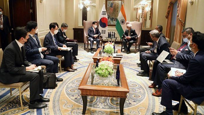 File photo of South Korean foreign minister Chung Eui-yong with External Affairs Minister S. Jaishankar | ANI