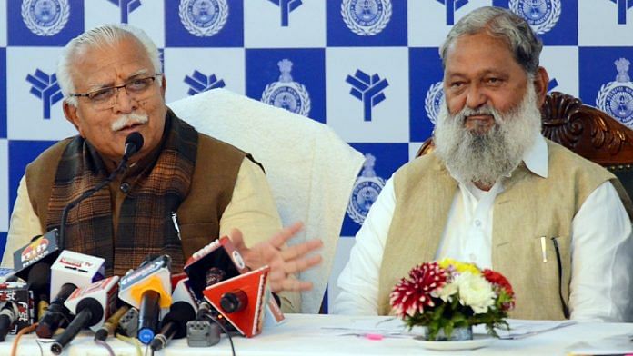 File photo of Haryana Chief Minister Manohar Lal Khattar and state Home Minister Anil Vij in Chandigarh | ANI