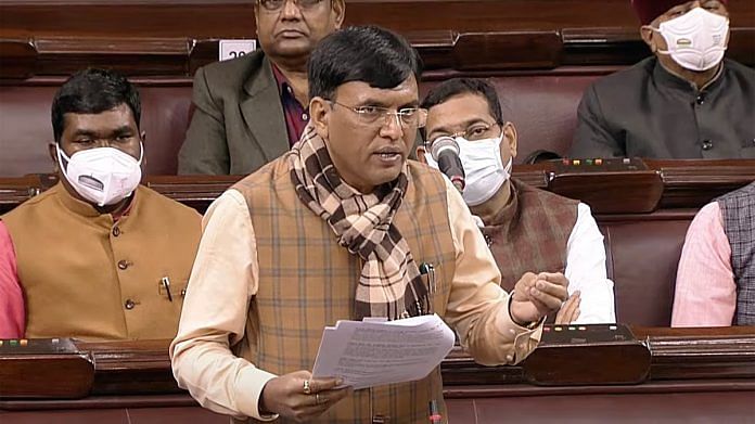 Union health minister Mansukh Mandaviya speaks in Rajya Sabha during the Budget Session of Parliament in New Delhi, on 8 February 2022 | ANI photo