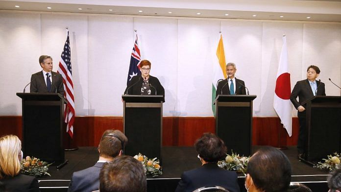 US Secretary of State Antony Blinken, Australia Minister for Foreign Affairs and Minister for Women Marise Payne, Indian Minister of External Affairs Dr. S. Jaishankar and Japanese Minister for Foreign Affairs Yoshimasa Hayashi hold a joint press conference of the Quad Foreign Ministers meeting at the Park Hyatt on February 11, 2022 in Melbourne | Photo by Darrian Traynor/Getty Images via Bloomberg