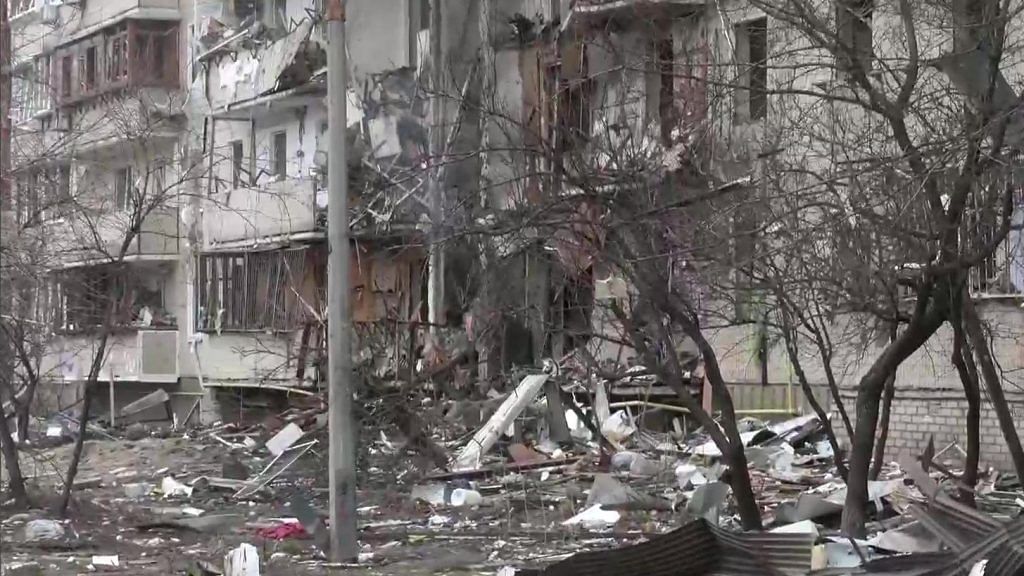 Residential buildings damaged during attack in Ukraine | Twitter/@ANI