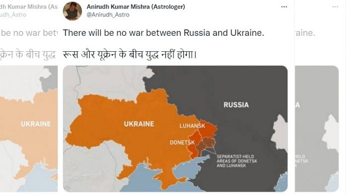 Astrologer Anirudh Kumar Mishra had tweeted that there would be “no war between Russia and Ukraine” | Twitter | @Anirudh_Astro