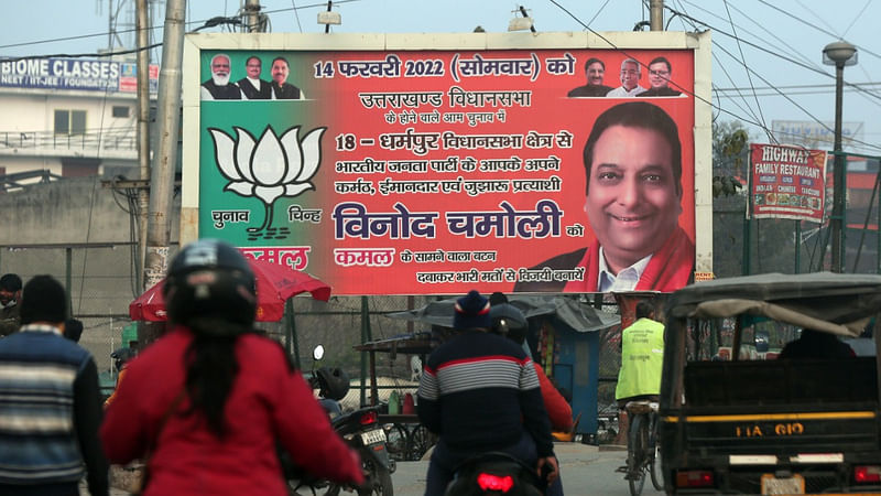BJP puts up a Vinod Chamoli poster in Dharampur | Photo: Suraj Singh Bisht | ThePrint