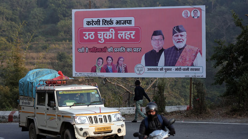 A Modi-Dhami BJP poster graces the Mussoorie-Dehradun road | Photo: Suraj Singh Bisht | ThePrint