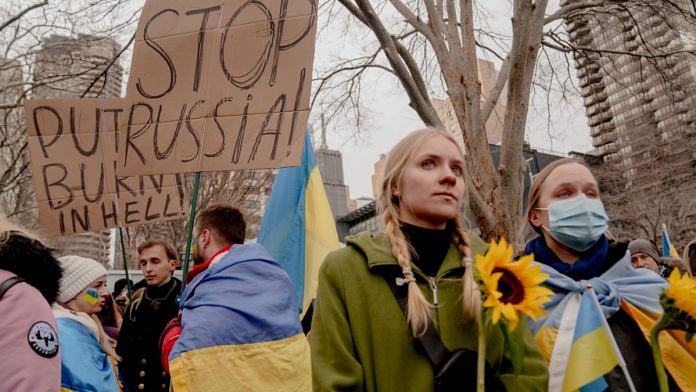Demonstrators protest the Russian invasion of Ukraine near the United Nations in New York, US| Representational image| Bloomberg