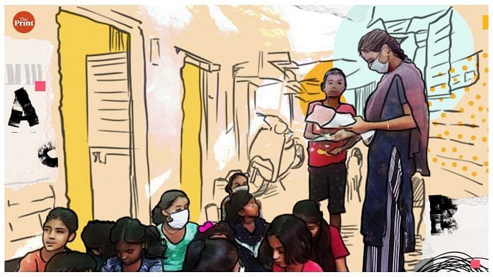 Kausar Ali, 19, teaches children in an alley in Rishinagar, Bhopal | Illustration: Ramandeep Kaur | ThePrint