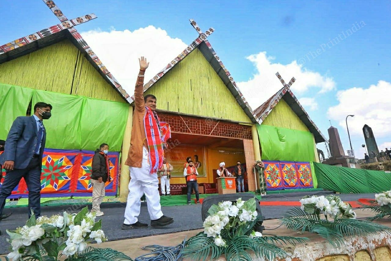 Union Minister Nitin Gadkari waving to the people during public meeting at Mission ground, Alung Tang, at Manipur | Praveen Jain | ThePrint