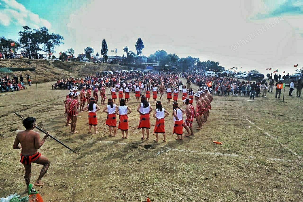 Local residents from Ukhrul district perform Tangkhul Naga dance during a public meeting at Mission ground, Alung Tang, at Manipur | Praveen Jain | ThePrint