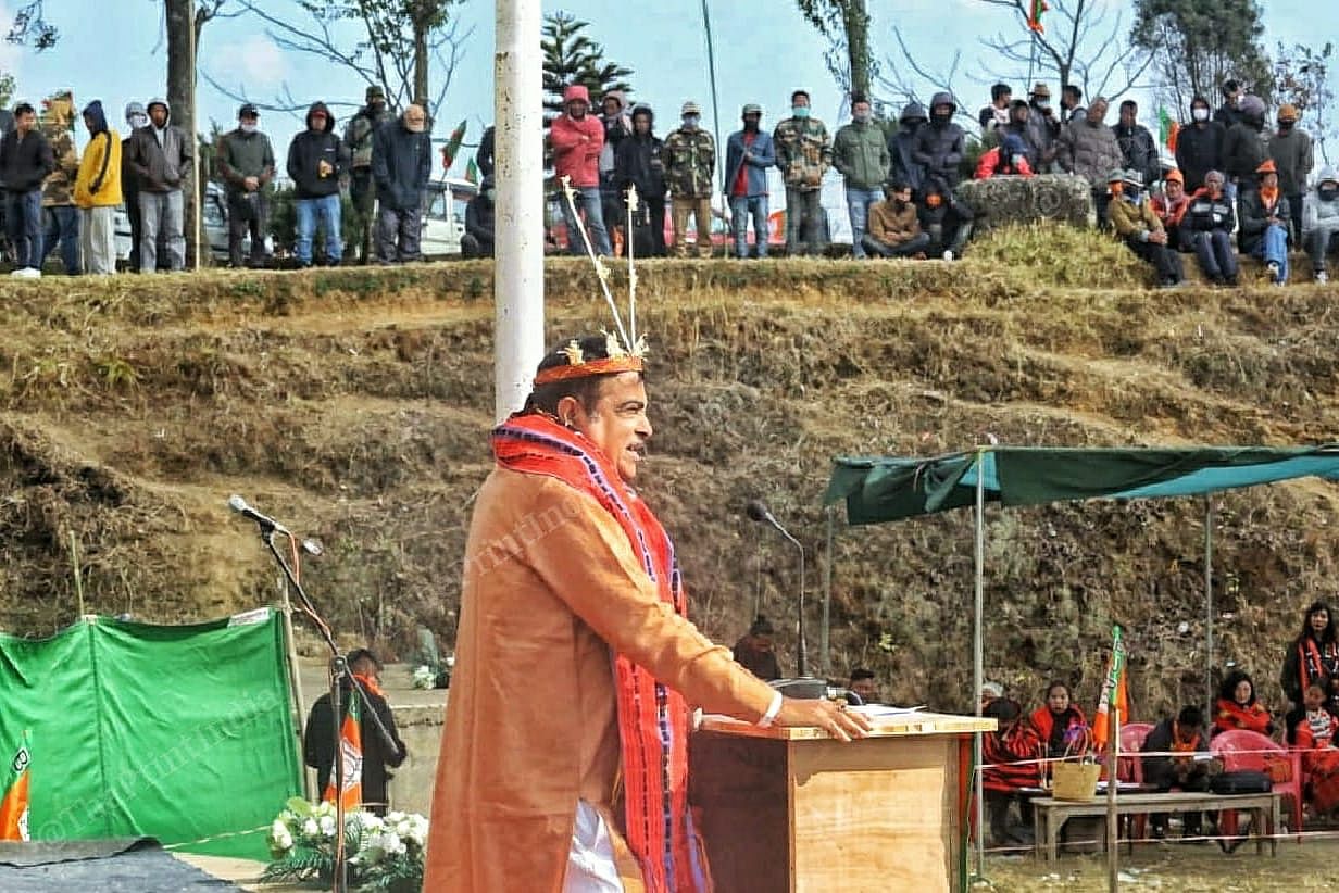 Union Minister Nitin Gadkari addressing people during public meeting at Mission ground, Alung Tang, at Manipur | Praveen Jain | ThePrint