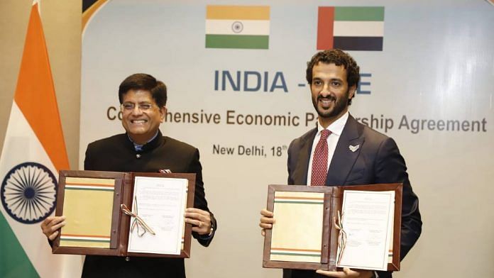 Commerce and Industry Minister Piyush Goyal with Abdulla bin Touq Al Marri, Minister of Economy (UAE) at the signing of the agreement | Photo: Ministry of Commerce and Industry