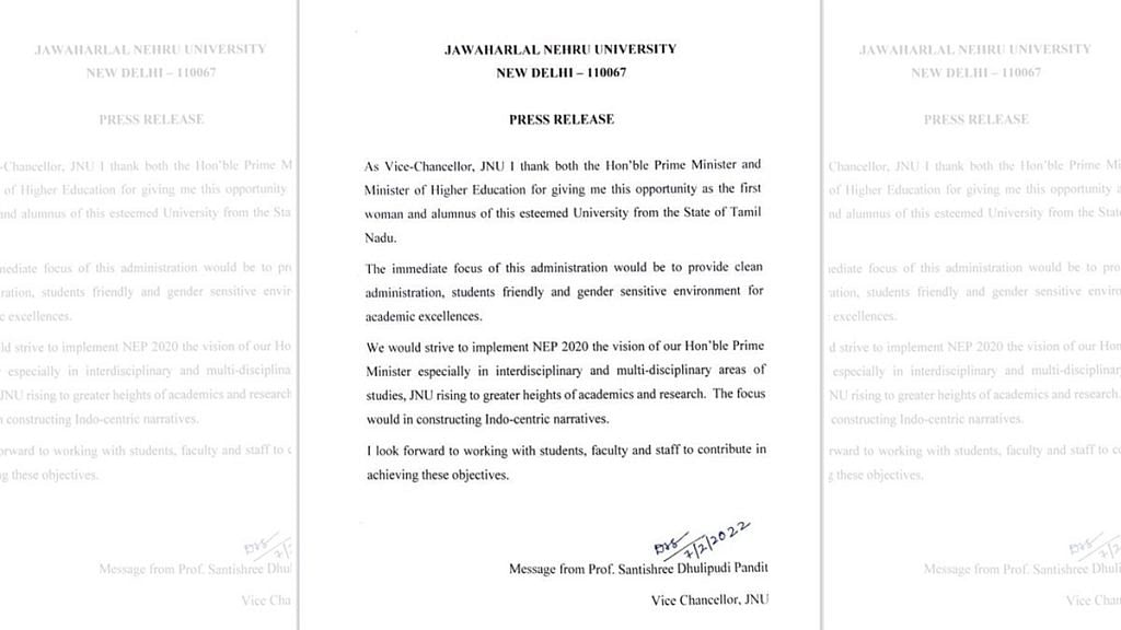 A screenshot of the new JNU Vice-Chancellor Santishree Dhulipudi Pandit's press statement after her appointment, | Photo: Twitter/@tunkuv