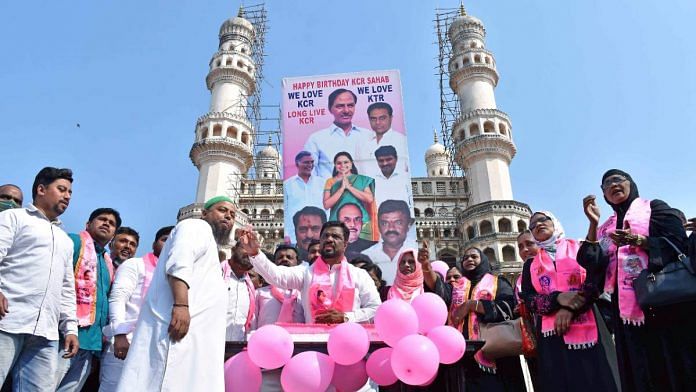 TRS leaders and supporters celebrate CM KCR's birthday in front of Charminar, in Hyderabad on 17 February.