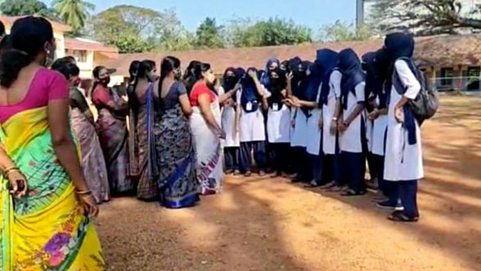 Students wearing hijab being denied entry to Government PU College, in Karnataka's Kundapur on 4 February | Photo: ANI