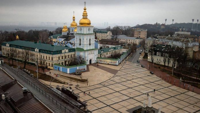 An empty square at St. Michael's Golden-Domed Monastery in Kyiv | Bloomberg