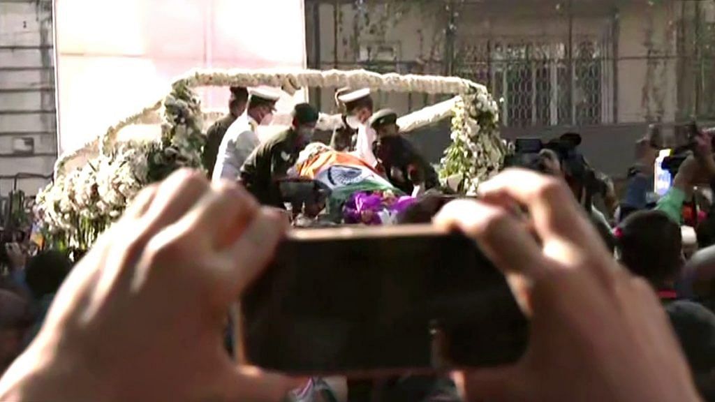 The mortal remains of legendary singer Lata Mangeshkar being taken from her residence 'Prabhukunj' for cremation at Shivaji Park, in Mumbai Sunday | ANI